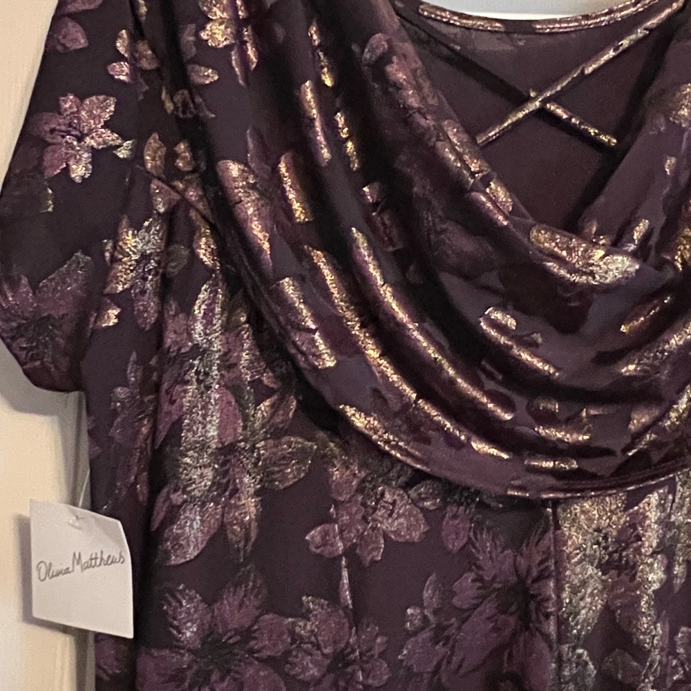 Olivia Matthew’s Womens Cocktail Dress, 2XL Purple and Gold Floral, Eggplant